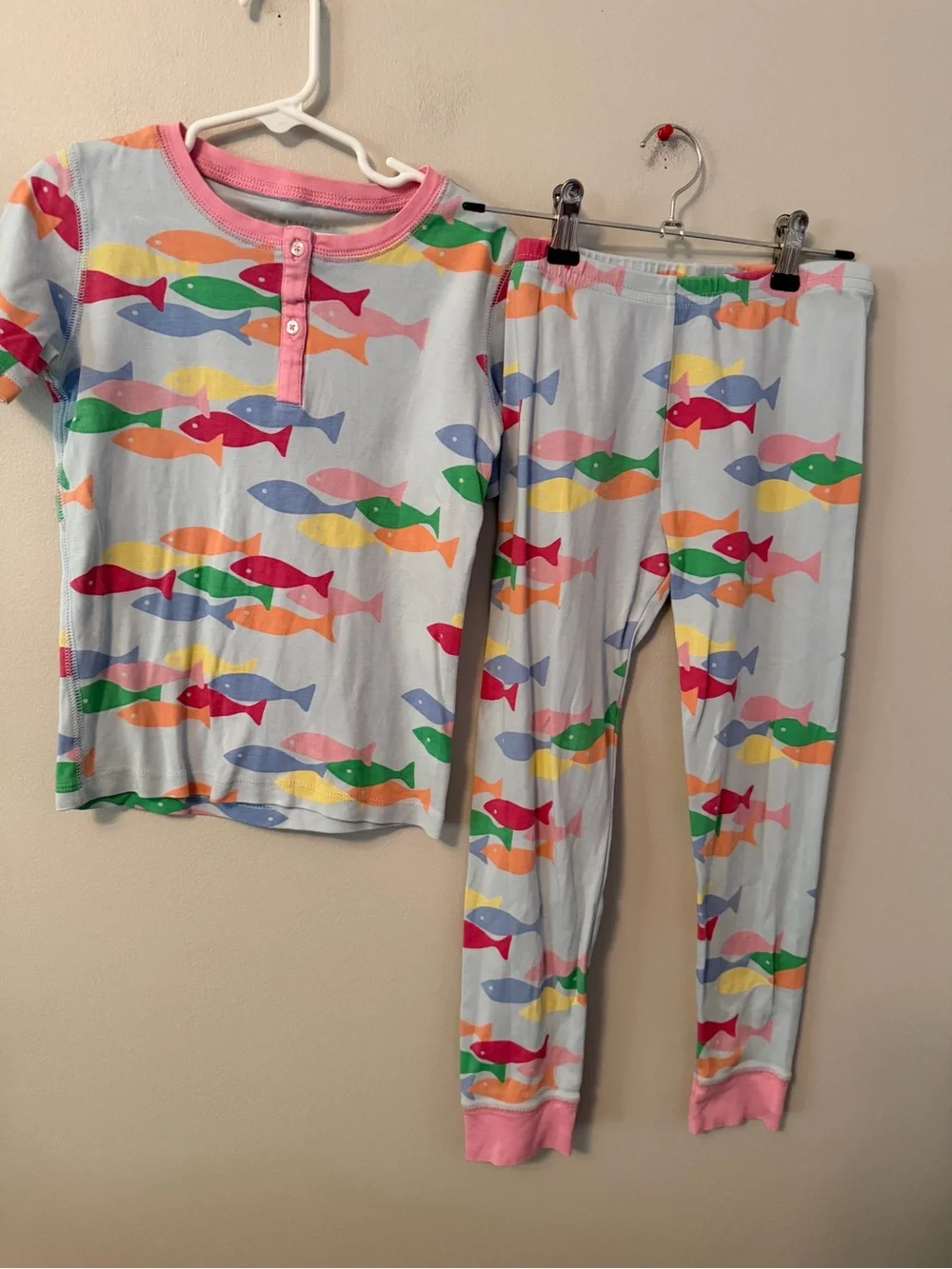 The Beaufort Bonnet Company Light Blue Fish Print Pajama Set - Pink Trim